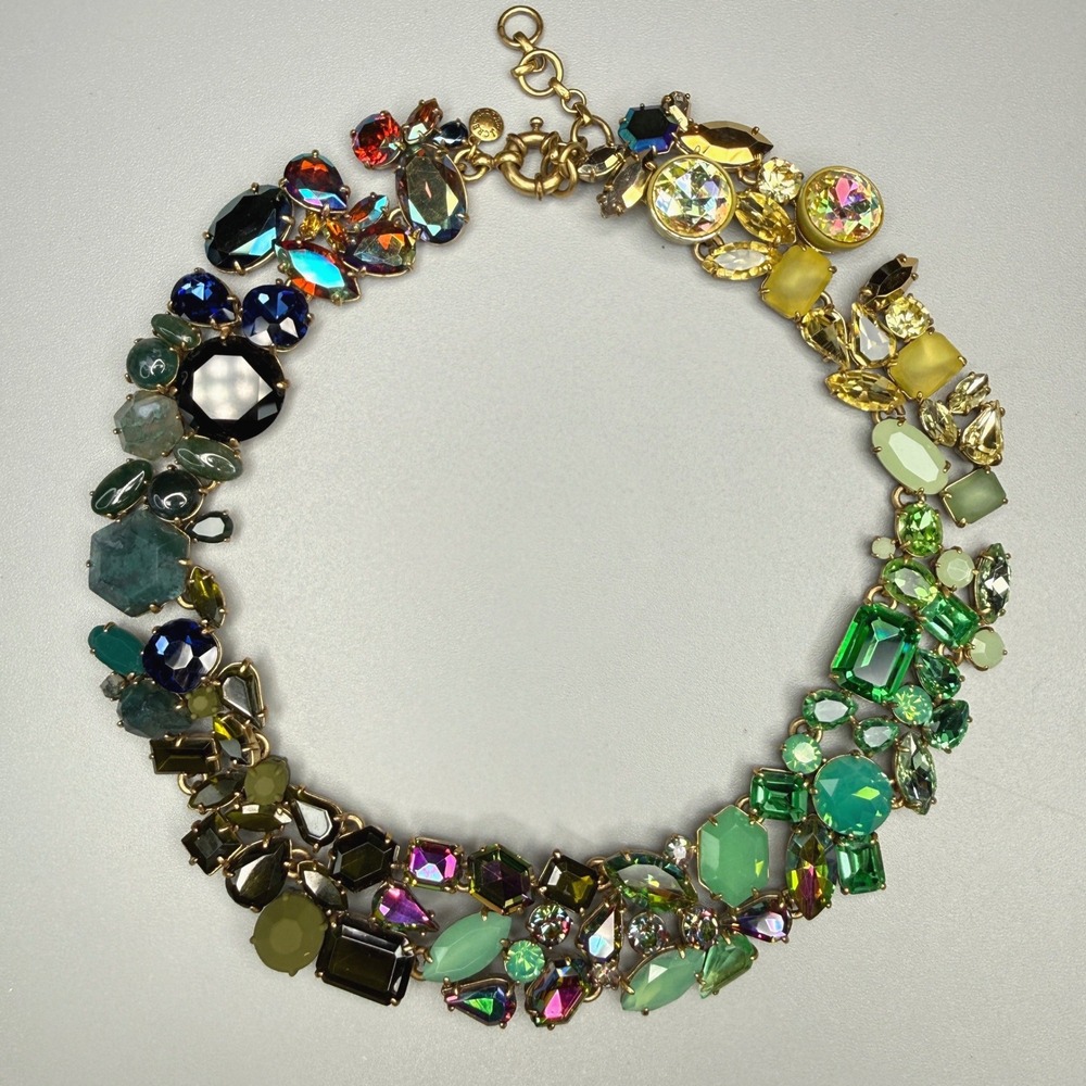 J.Crew Brulee Necklace Ombre Rhinestone Cluster Colorful Runway Rare 16" READ